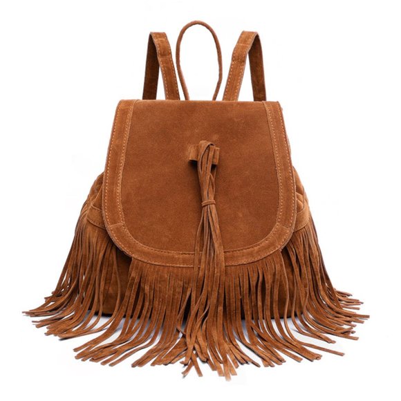 Native Western Fringe Tassel Suede Gypsy Backpack Black Suede Fringe Backpack, Boho Leather Rucksack, Western  main image 2